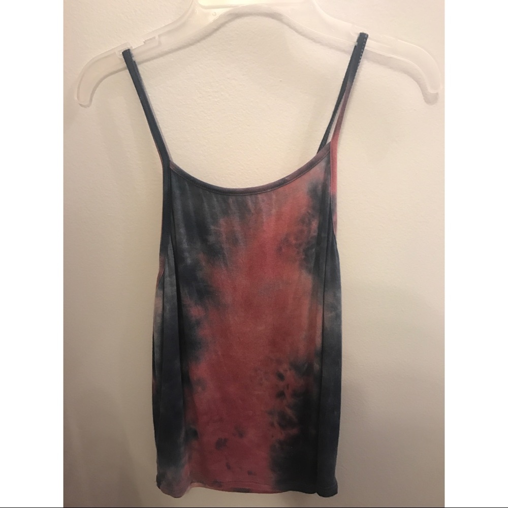 Halter-style blue and red tie-dyed tank top